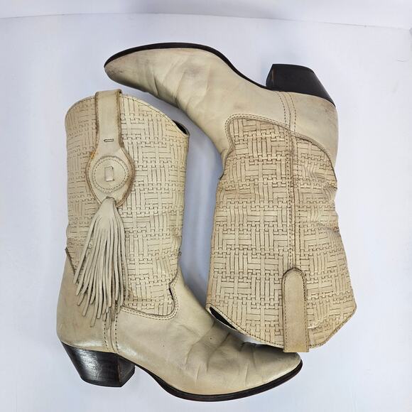 VINTAGE Cream Leather Laredo Basket Weave‎ Pattern Cowgirl Boots Size 6.5M - Picture 5 of 8